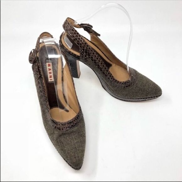 Marni Brown Tweed Python Trim Slingback Platforms 40